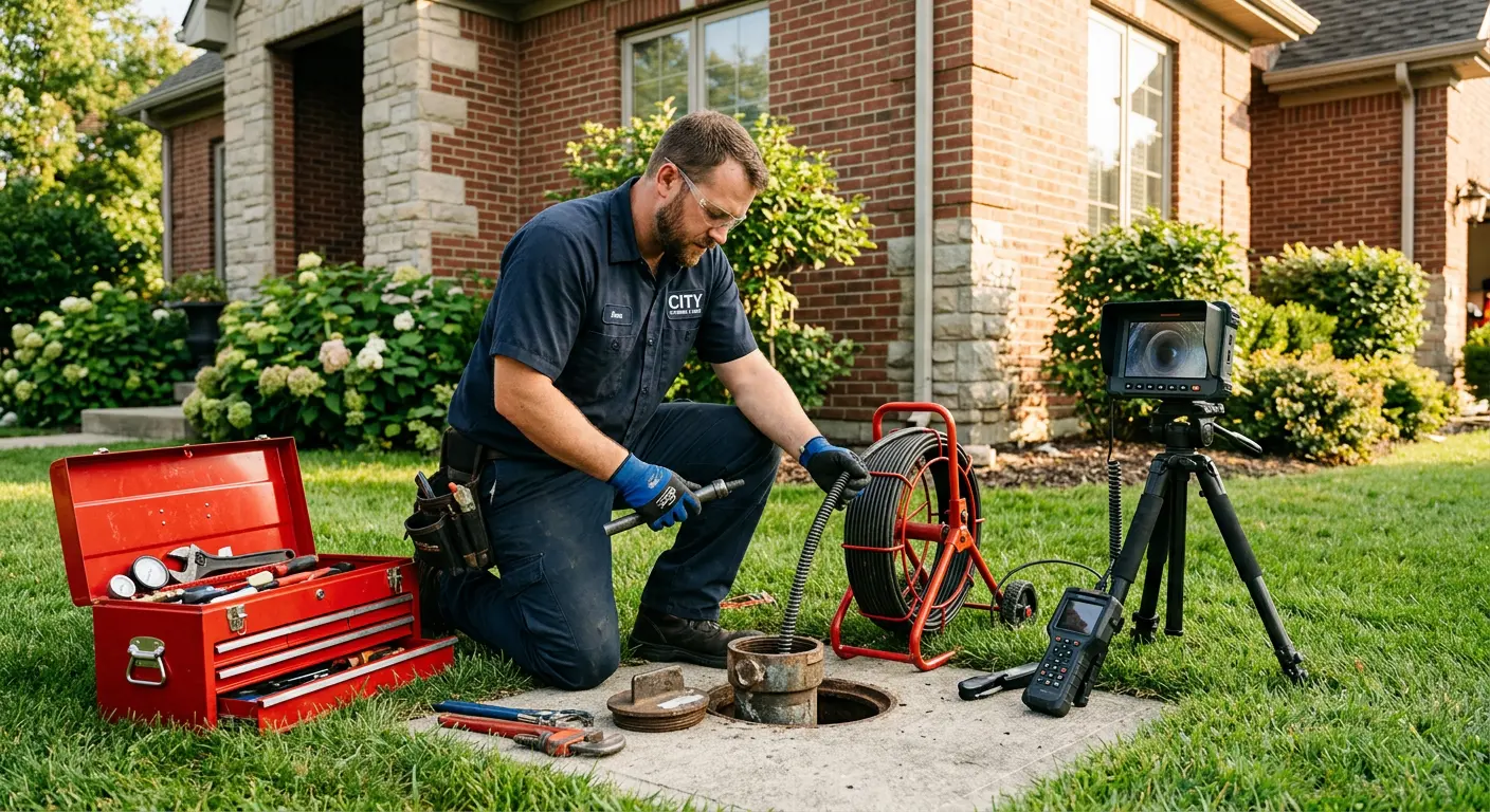 Sewer specialist with camera equipment servicing a cleanout in Walnut