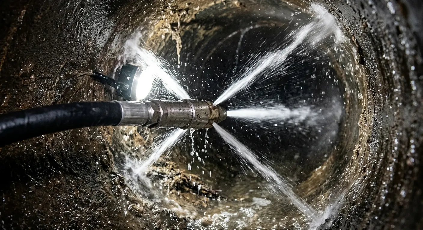 High-pressure hydro jetting nozzle cleaning sewer pipe for Trenchless Sewer Repair in Walnut