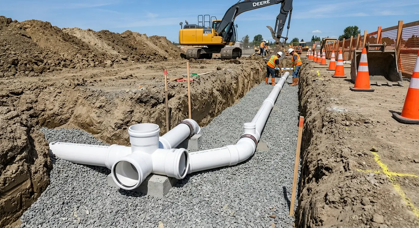 New PVC sewer pipe installation in open trench for Commercial Drain Cleaning in Walnut