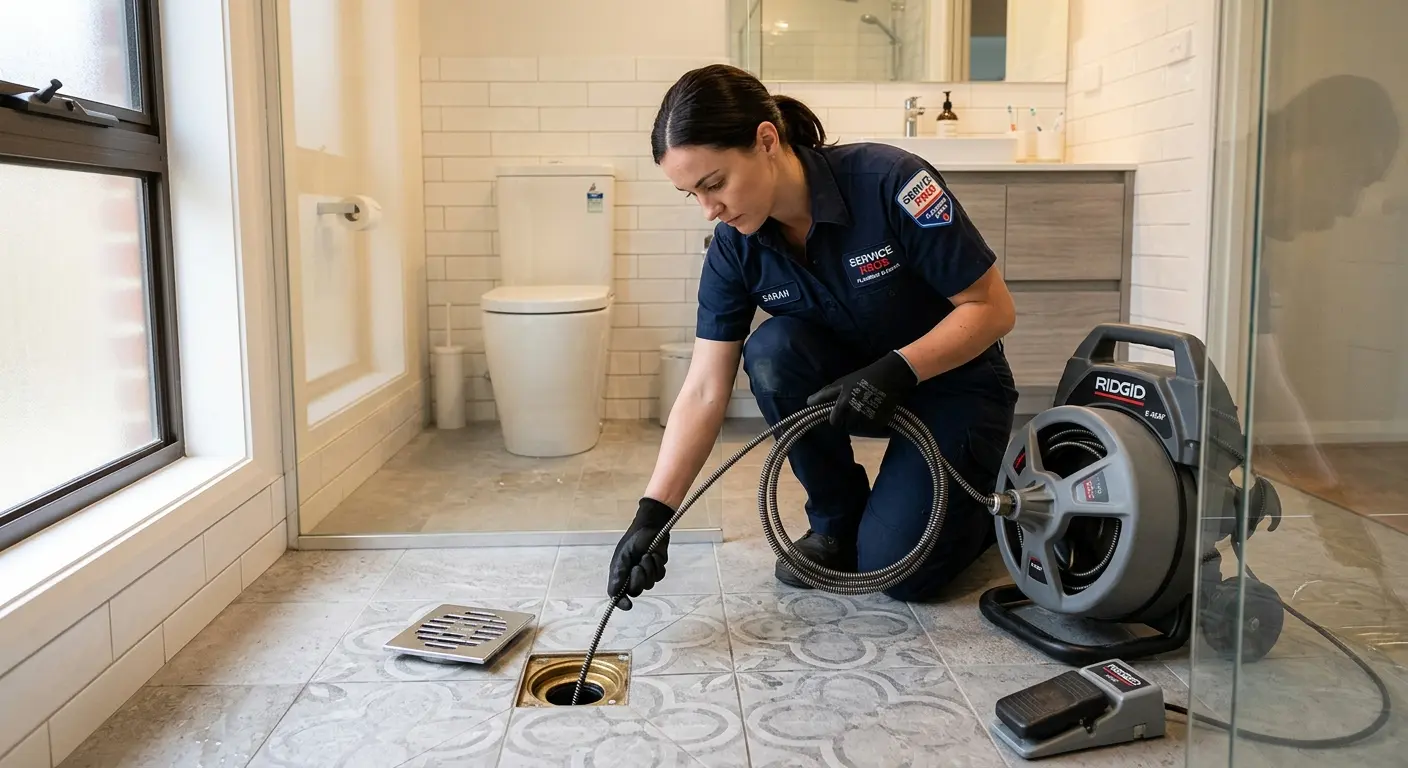 Technician clearing a bathroom floor drain for Clogged Drain Repair in Walnut